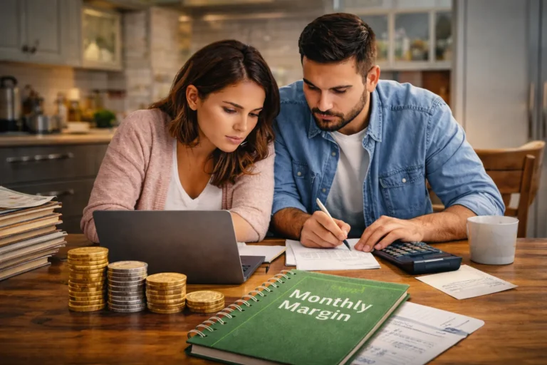 Two people reviewing bills and budgeting notes at a table.